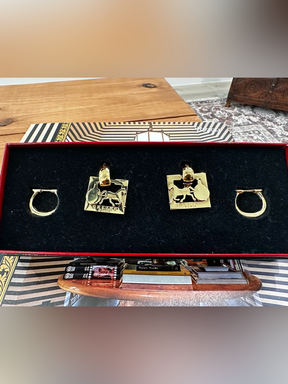 CELINE 3-Way Convertible Earring Set - Gold-Tone Sulky Horse & Carriage -Rare